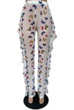 Print Butterfly White Sexy Ruffle Beach Trousers