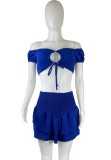 Blue Off Shoulder Crop Top and High Waist Layered Mini Skirt Set