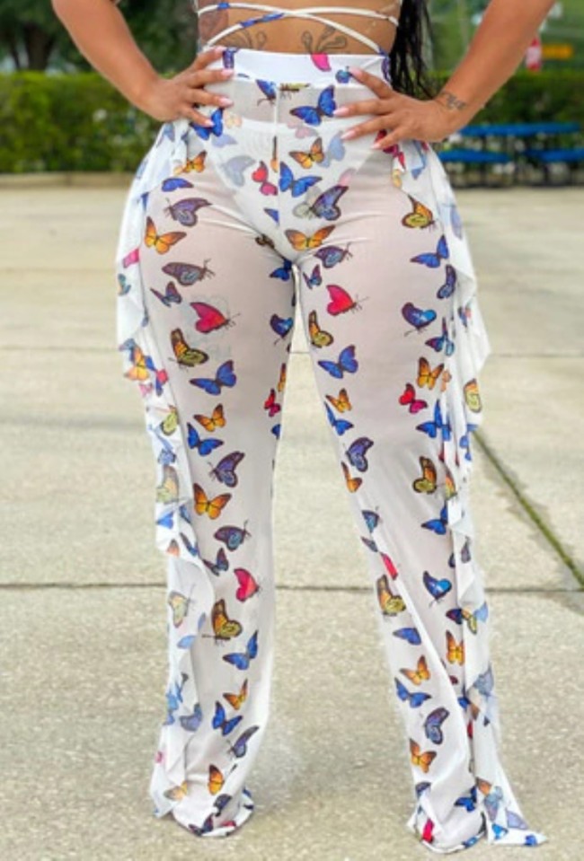 Print Butterfly White Sexy Ruffle Beach Trousers