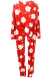 Daisy Print Red Long Sleeve Sexy Lounge Jumpsuit with Butt Flap