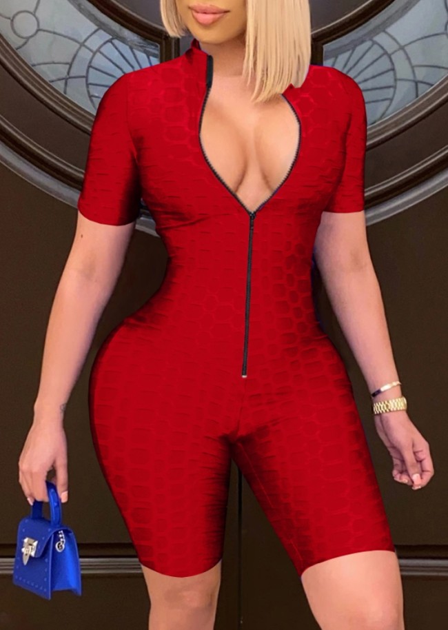 Red Zipper Front Textured Sexy Fitted Rompers