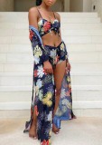 Plant Print 3PCS Swimwear with Long Cover Up