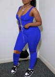 Blue Sexy Lace Up Sleeveless Crop Top and Ripped Stack Pants 2PC Outfits