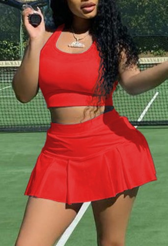 Red Crop Tank Top and Pleated Skirt Set