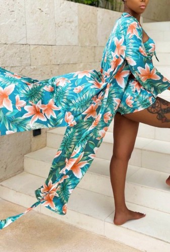 Floral Print 3PCS Swimwear with Long Cover Up