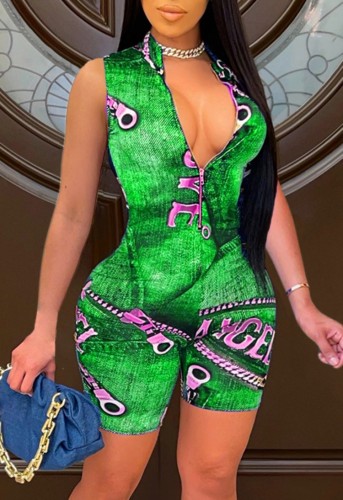 Print Green Zip Front Long Sleeve Tight Rompers