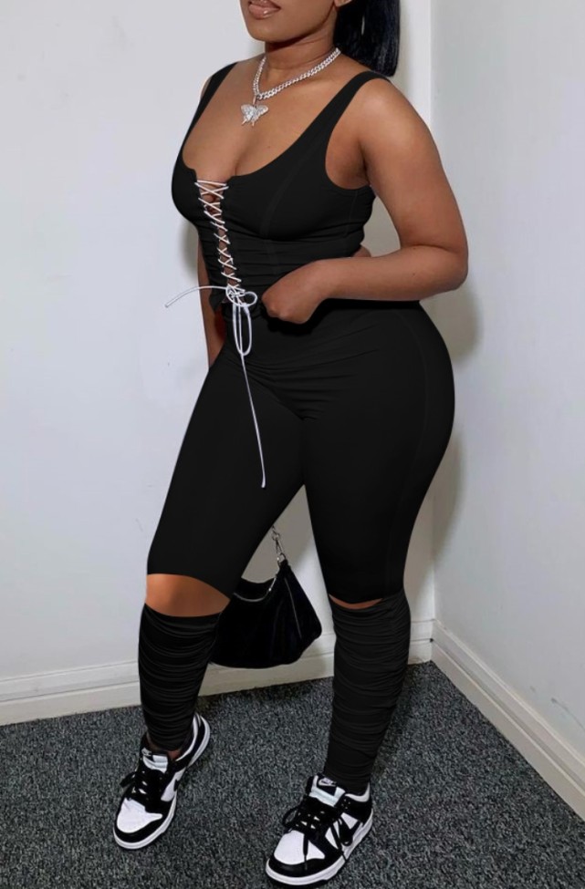 Black Sexy Lace Up Sleeveless Crop Top and Ripped Stack Pants 2PC Outfits