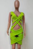 Green Hollow Out Deep-V Sleeveless Bandage Dress