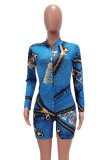 Print Blue Sexy Long Sleeve Zip Front Bodycon Rompers