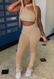 Khaki Sexy Halter Crop Top and High Waist Pants 2PCS Outfits