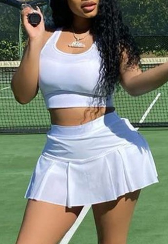White Crop Tank Top and Pleated Skirt Set