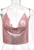 Pink Sequin Halter Party Crop Top