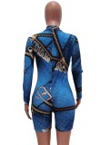 Print Blue Sexy Long Sleeve Zip Front Bodycon Rompers