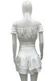 White Sexy Keyhole Crop Top and High Waist Ruffles Mini Skirt Matching Set