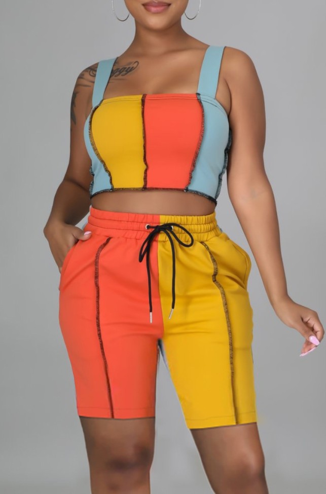 Color Block Wide Straps Crop Top and Biker Shorts 2PCS Outfits