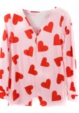 Heart Print Pink Long Sleeve Sexy Lounge Rompers with Butt Flap