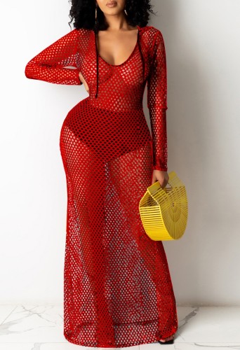 Red Fishnet Long Sleeve Maxi Beach Dress with Hood