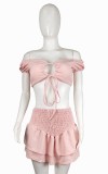 Pink Off Shoulder Crop Top and High Waist Layered Mini Skirt Set