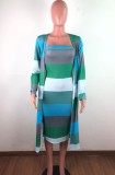 Vertical Striped Colorful Tube Dress with Long Cardigan