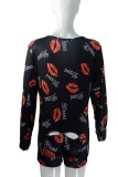 Lip Print Black Long Sleeve Sexy Lounge Rompers with Butt Flap