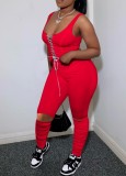 Red Sexy Lace Up Sleeveless Crop Top and Ripped Stack Pants 2PC Outfits