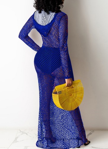 Blue Fishnet Long Sleeve Maxi Beach Dress with Hood