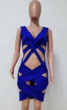 Blue Hollow Out Deep-V Sleeveless Bandage Dress