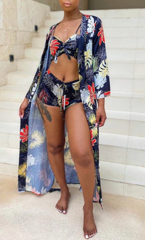 Plant Print 3PCS Swimwear with Long Cover Up