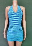 Blue Striped V-Neck Knitting Halter Backless Mini Dress