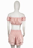 Pink Off Shoulder Crop Top and High Waist Layered Mini Skirt Set