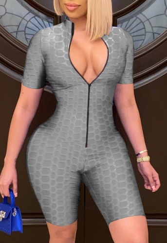 Gray Zipper Front Textured Sexy Fitted Rompers