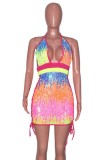 Halter Sexy Sequin Colorful Lace-Up Mini Club Dress
