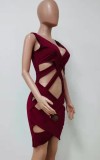 Solid Hollow Out Deep-V Sleeveless Bandage Dress