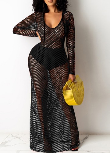 Black Fishnet Long Sleeve Maxi Beach Dress with Hood