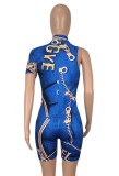 Print Blue Zip Front Long Sleeve Tight Rompers