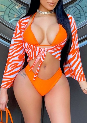 Zebra Orange Print High Cut 3PCS Sexy Swimwear