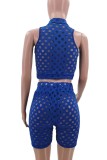 Blue Sexy Hollow-Out Cropped Tank Top and High Waist Shorts Set