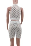 White Sexy Hollow-Out Cropped Tank Top and High Waist Shorts Set