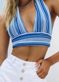 Striped Deep-V Halter Tie Back Crop Top