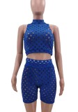 Blue Sexy Hollow-Out Cropped Tank Top and High Waist Shorts Set