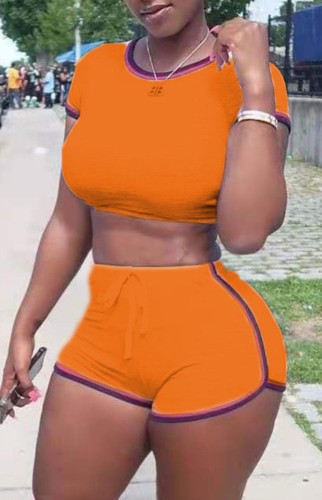 Orange Fitted Crop Top and Shorts Two Piece Sports Suit