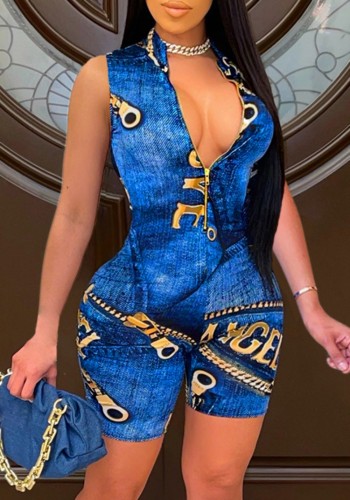 Print Blue Zip Front Long Sleeve Tight Rompers