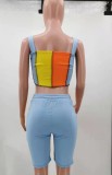 Color Block Wide Straps Crop Top and Biker Shorts 2PCS Outfits