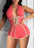 Sexy Pink Lace-Up Halter Backless Bodycon Rompers