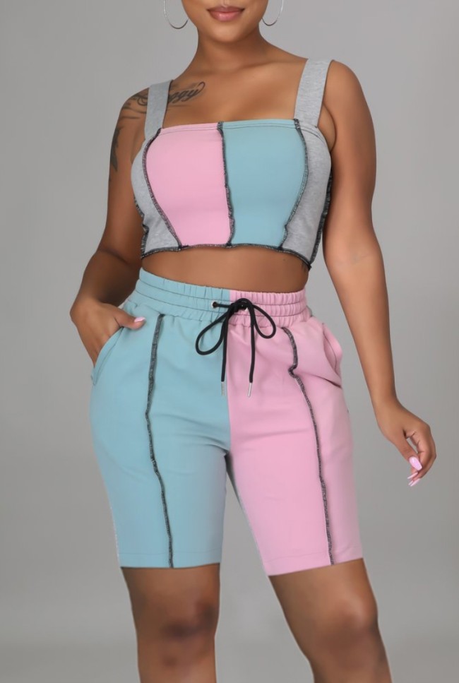 Color Block Wide Straps Crop Top and Biker Shorts 2PCS Outfits