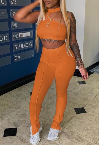 Orange Sexy Halter Crop Top and High Waist Pants 2PCS Outfits