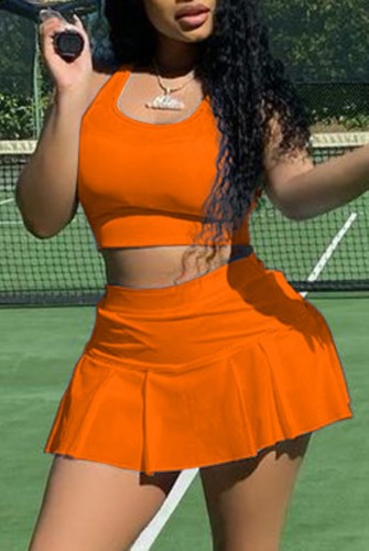 Orange Crop Tank Top and Pleated Skirt Set