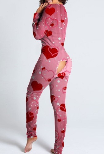 Heart Print Pink Long Sleeve Sexy Lounge Jumpsuit with Butt Flap