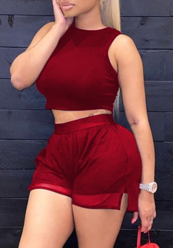 Red Cropped Tank and Shorts Casual Two Piece Set