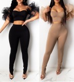 Black Sexy Ruffle Sleeve Crop Top and Slit Bottom Pants 2PCS Outfits
